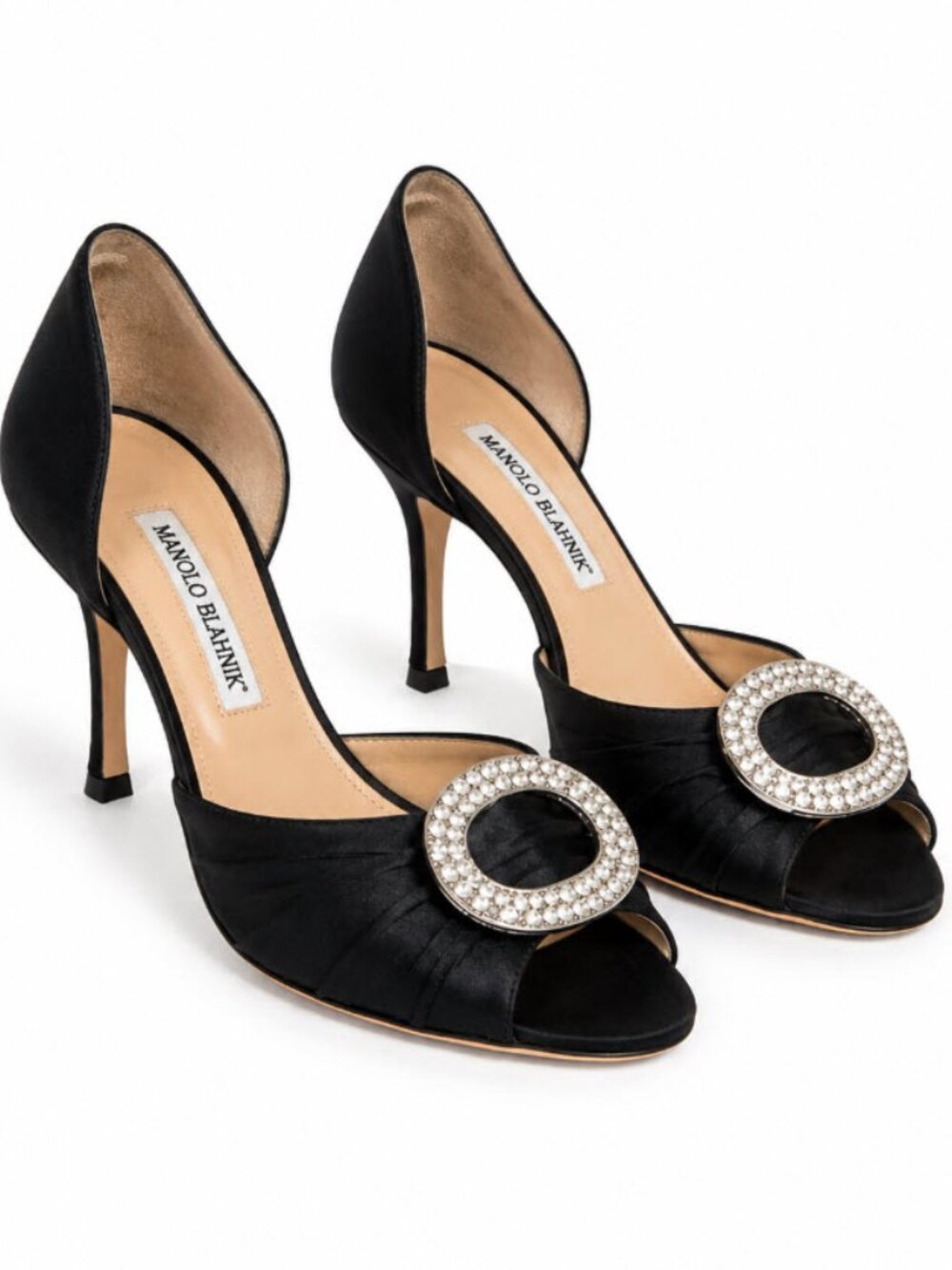 Manolo Blahnik Sedaraby Crystal Buckle Satin D'Orsay Heels 37.5 Black